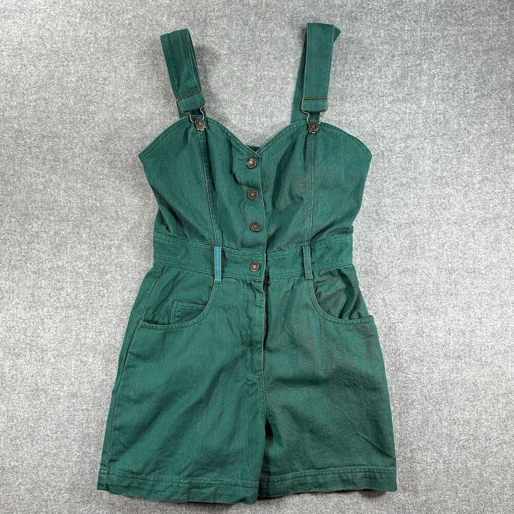 Vintage 90s Live in Color Green Denim Shortall Romper, Emerald Cotton Overall